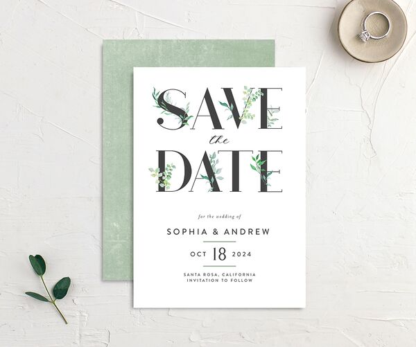 Bold Botanical Save the Date Cards front-and-back in Jewel Green