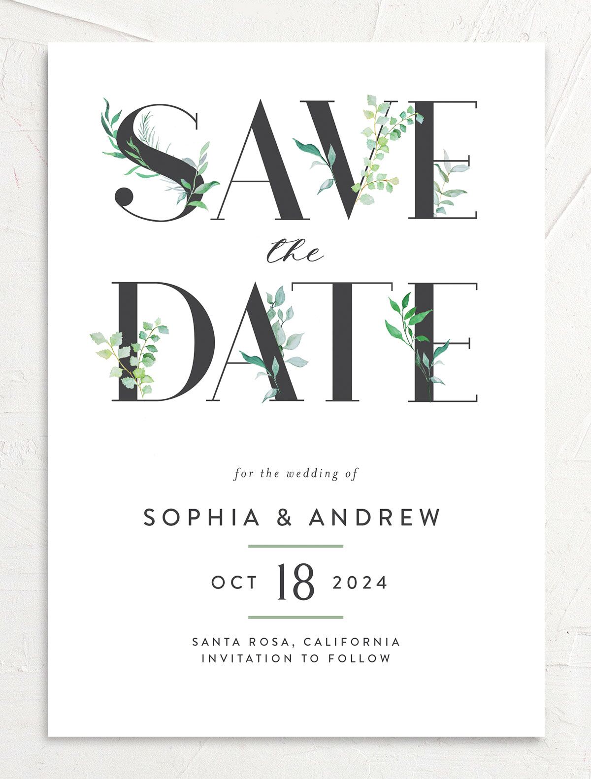 Bold Botanical Save the Date Cards front in Green
