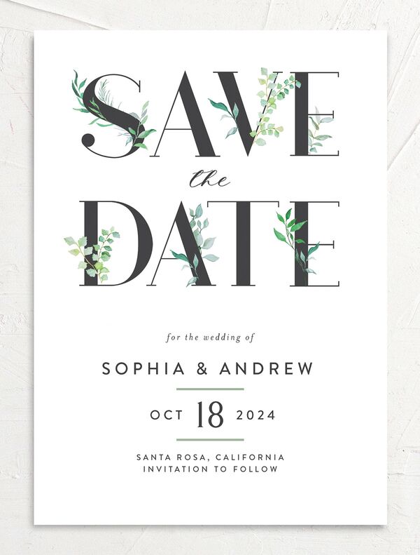 Bold Botanical Save the Date Cards front in Jewel Green