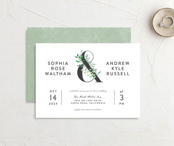 Bold Botanical Wedding Invitations front-and-back in Jewel Green