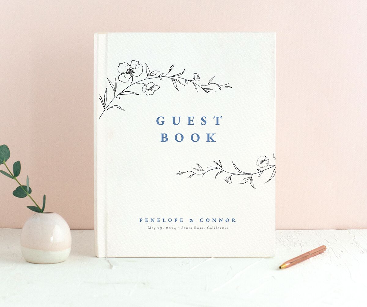 Minimalist Branches Wedding Guest Book front in French Blue