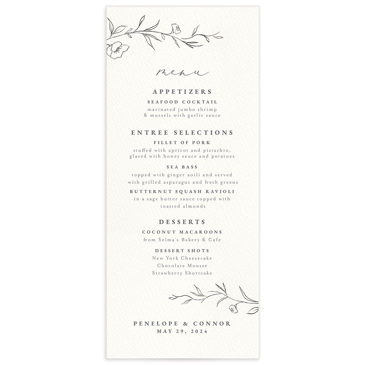 Minimalist Branches Menus front in Silver