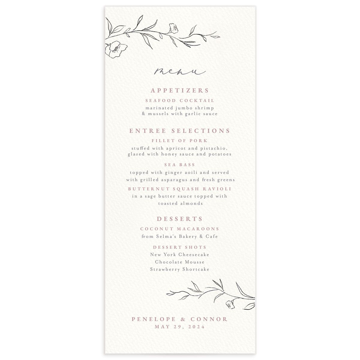 Minimalist Branches Menus front in Rose Pink
