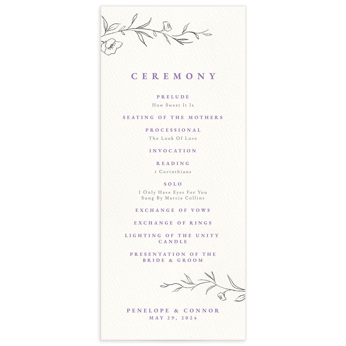 Minimalist Branches Wedding Programs front in Lilac
