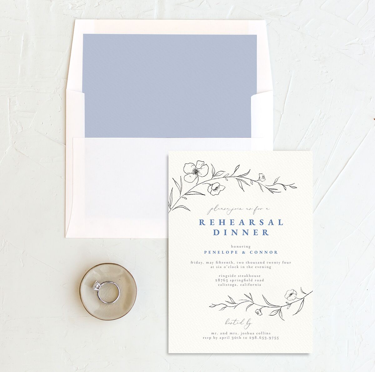 Minimalist Branches Rehearsal Dinner Invitations envelope-and-liner in Blue