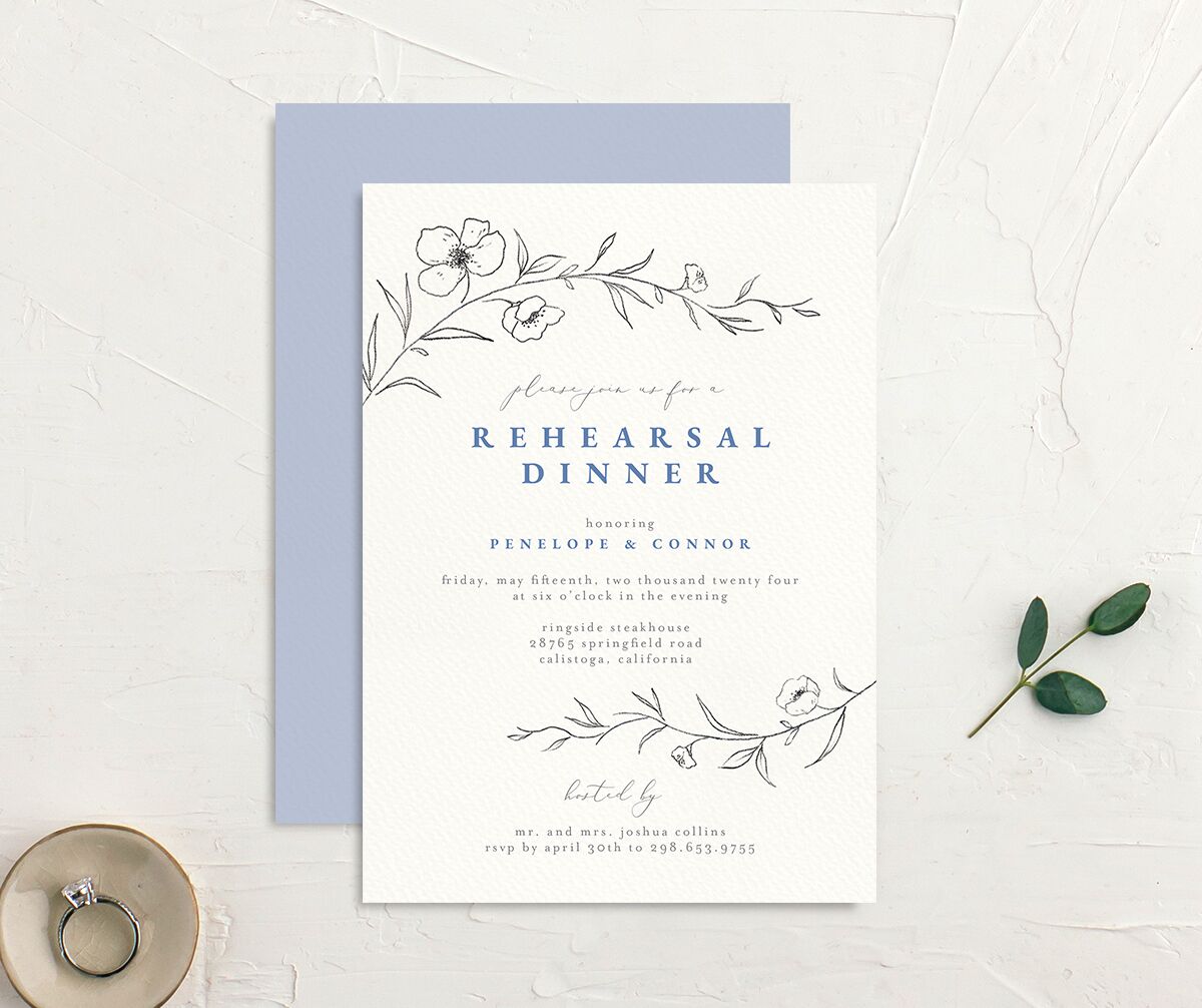 Minimalist Branches Rehearsal Dinner Invitations front-and-back in Blue