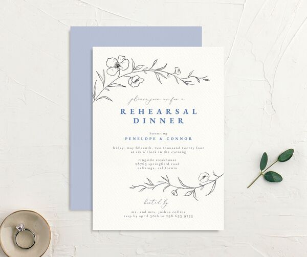 Minimalist Branches Rehearsal Dinner Invitations front-and-back in Blue