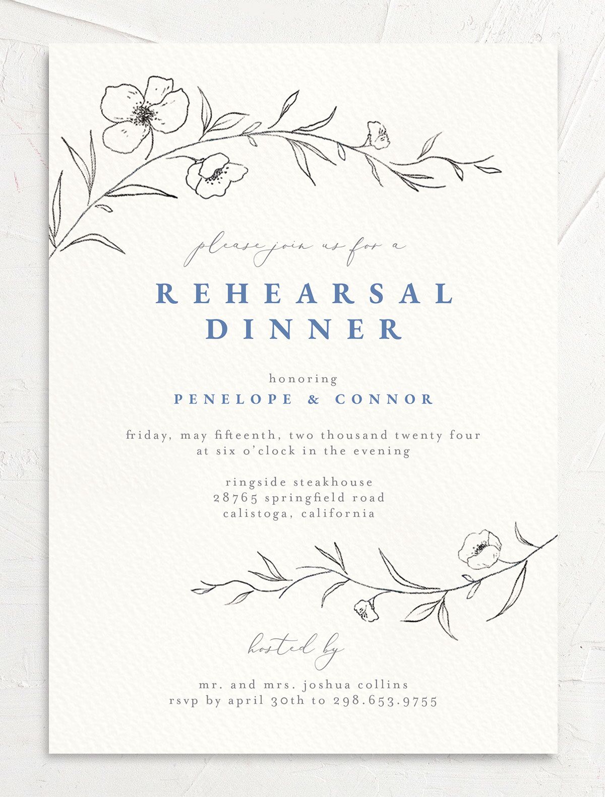 Minimalist Branches Rehearsal Dinner Invitations front in Blue
