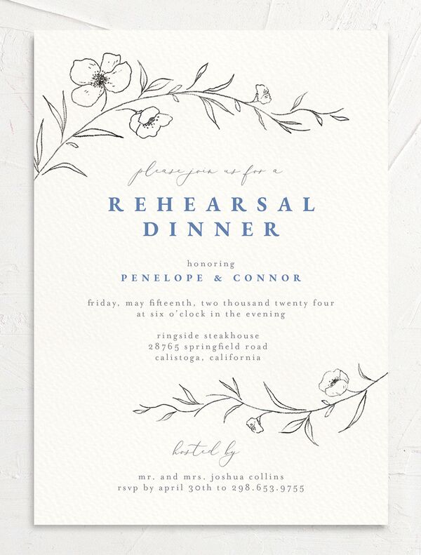 Minimalist Branches Rehearsal Dinner Invitations front in Blue