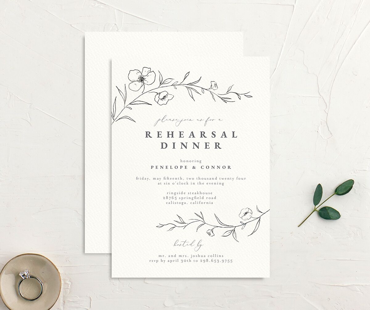 Minimalist Branches Rehearsal Dinner Invitations front-and-back in Grey