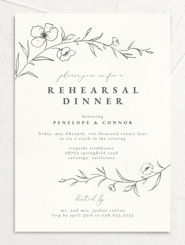Minimalist Branches Rehearsal Dinner Invitations front in Grey