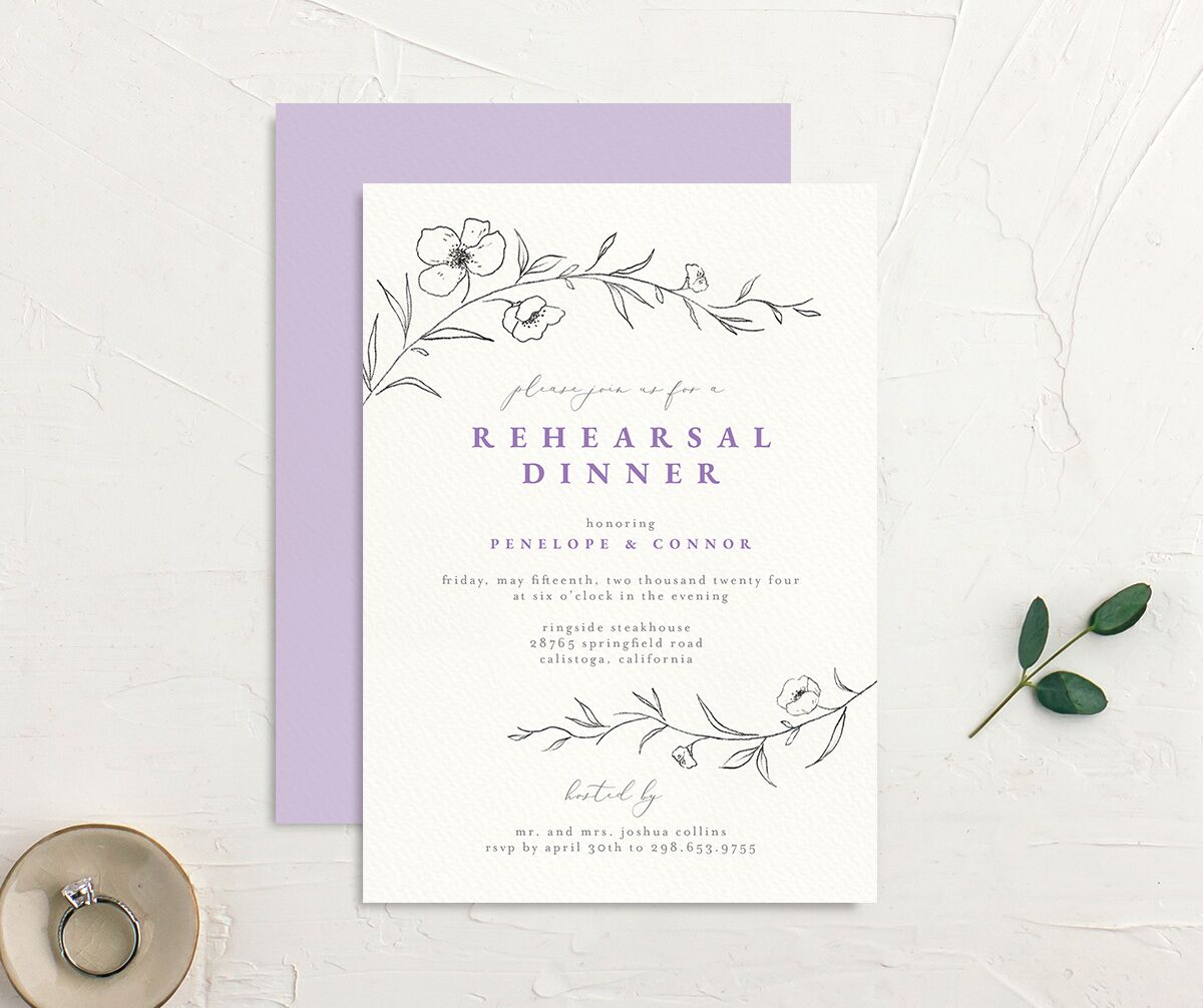 Minimalist Branches Rehearsal Dinner Invitations front-and-back in Lavender