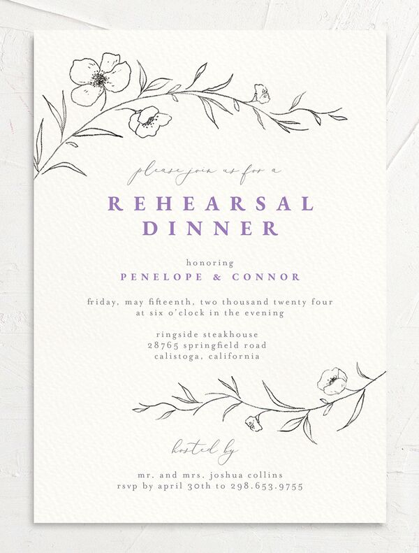 Minimalist Branches Rehearsal Dinner Invitations front in Lavender