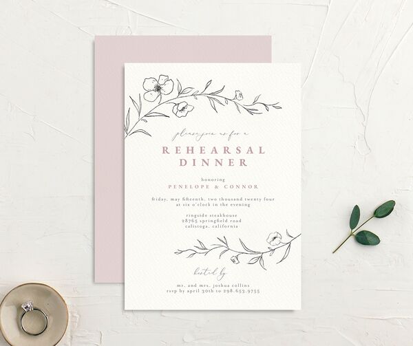Minimalist Branches Rehearsal Dinner Invitations front-and-back in Rose Pink