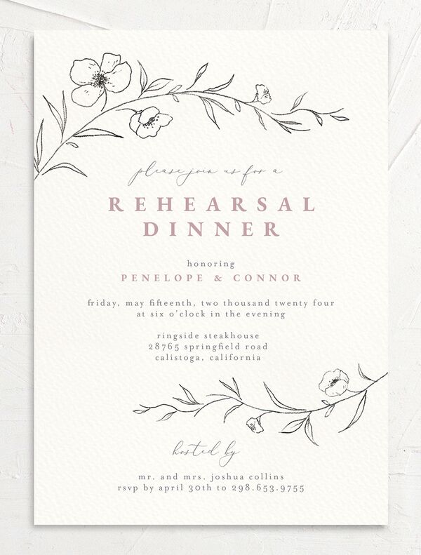 Minimalist Branches Rehearsal Dinner Invitations front in Rose Pink