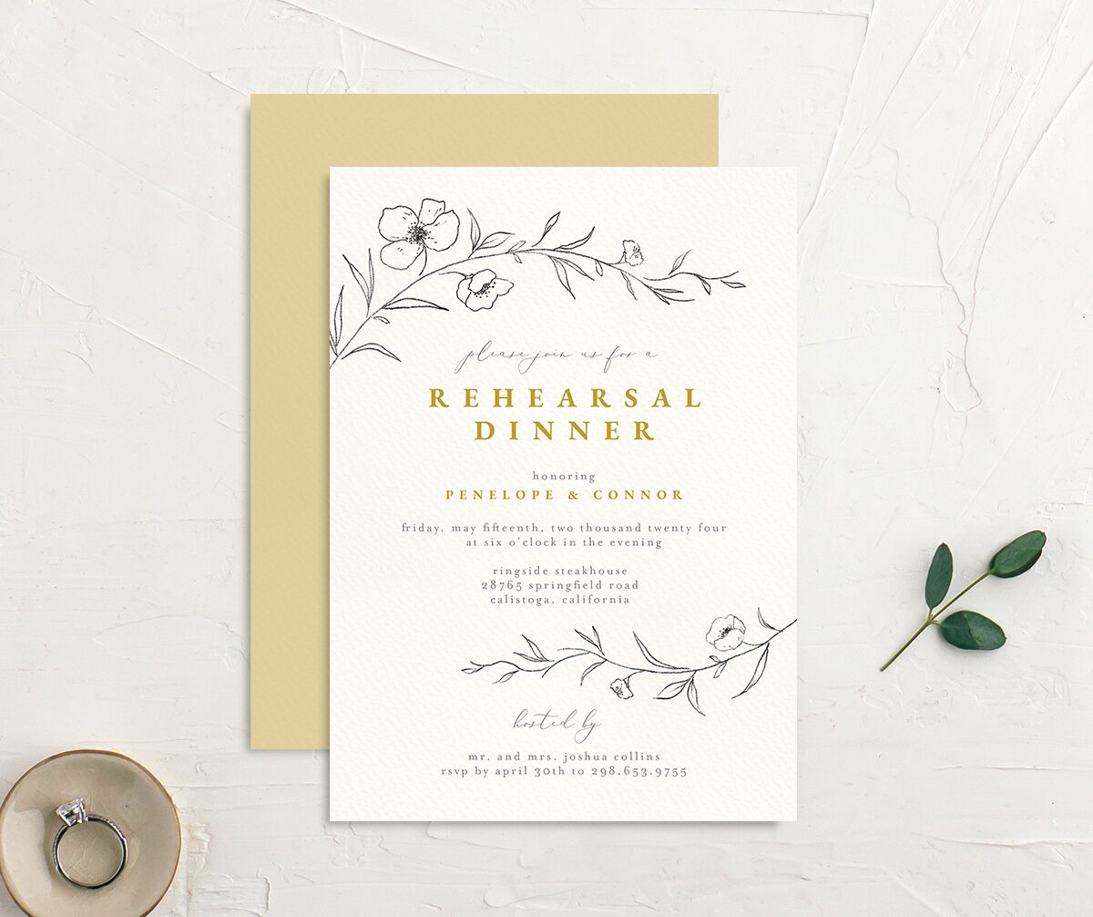 Minimalist Branches Rehearsal Dinner Invitations front-and-back in Lemon