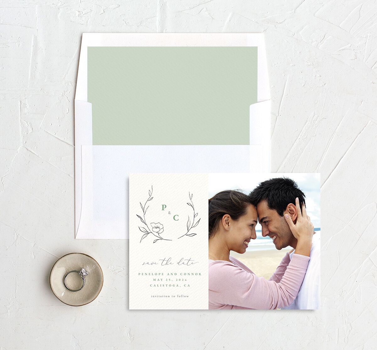 Minimalist Branches Save the Date Cards envelope-and-liner in Jewel Green