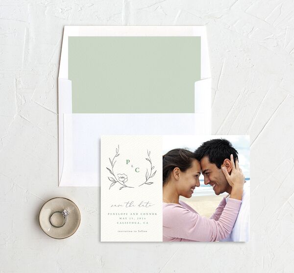 Minimalist Branches Save the Date Cards envelope-and-liner in Jewel Green
