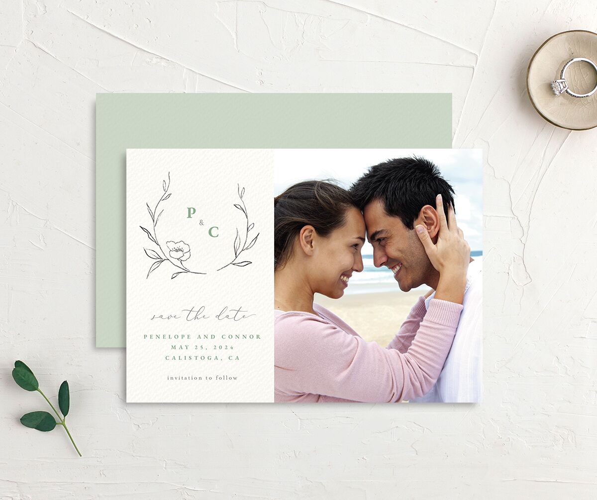 Minimalist Branches Save the Date Cards front-and-back in Jewel Green