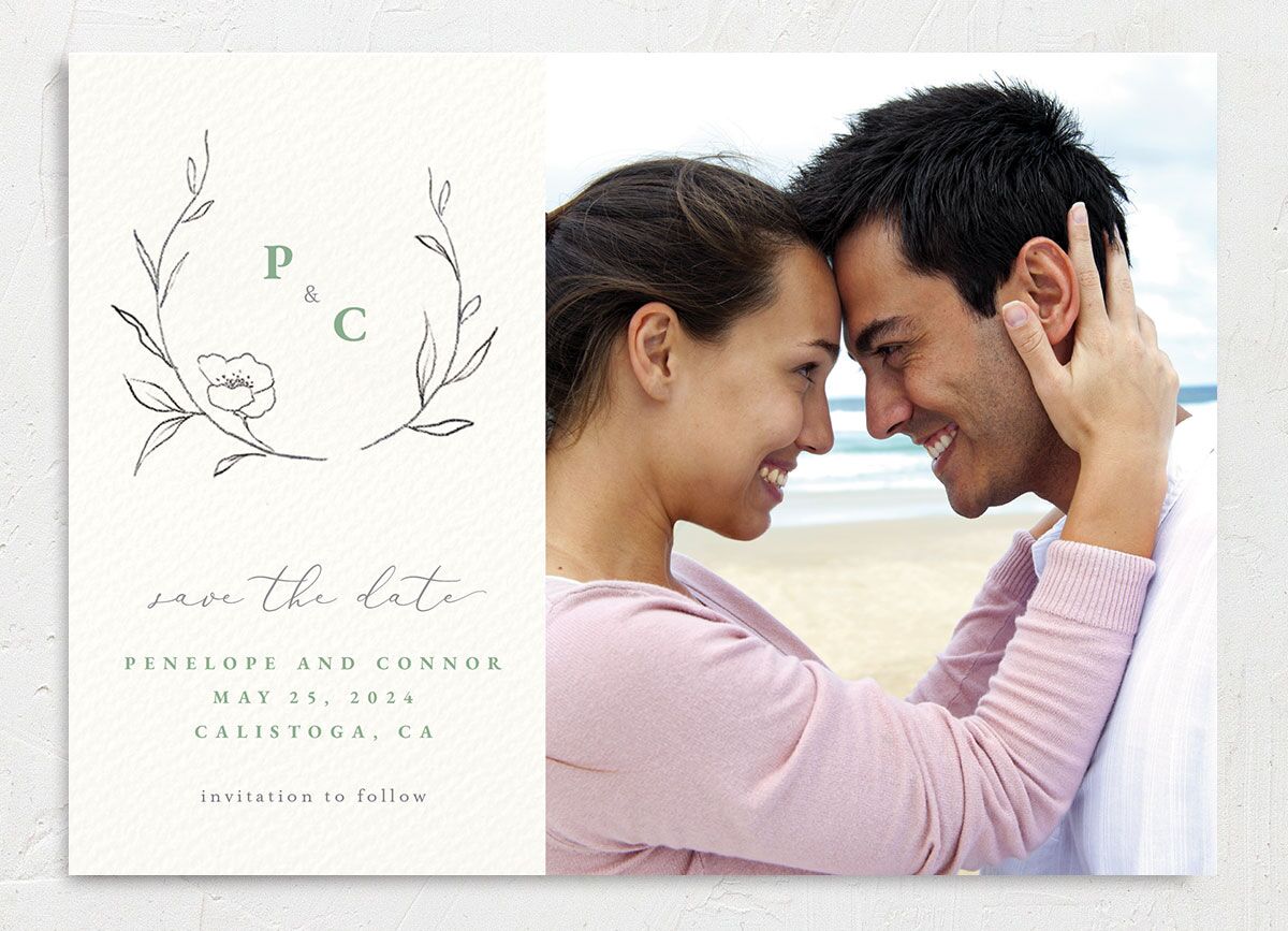 Minimalist Branches Save the Date Cards front in Jewel Green