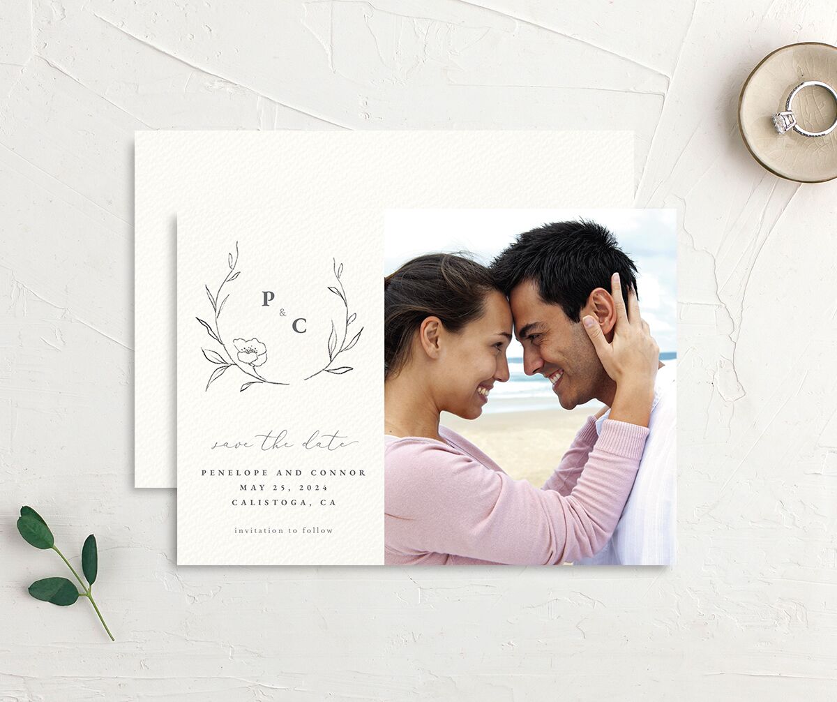 Minimalist Branches Save the Date Cards front-and-back in Silver