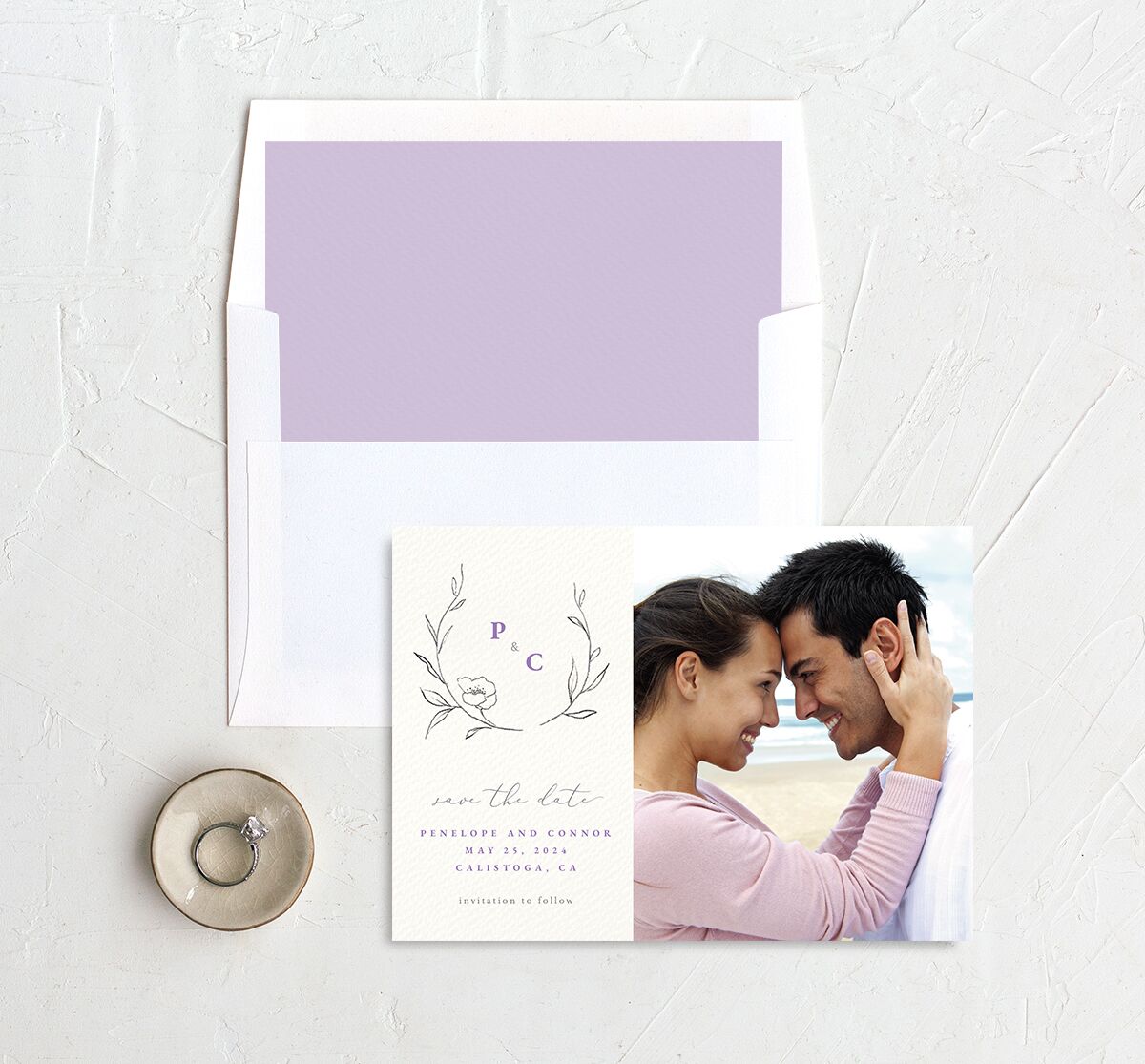 Minimalist Branches Save the Date Cards envelope-and-liner in Lilac