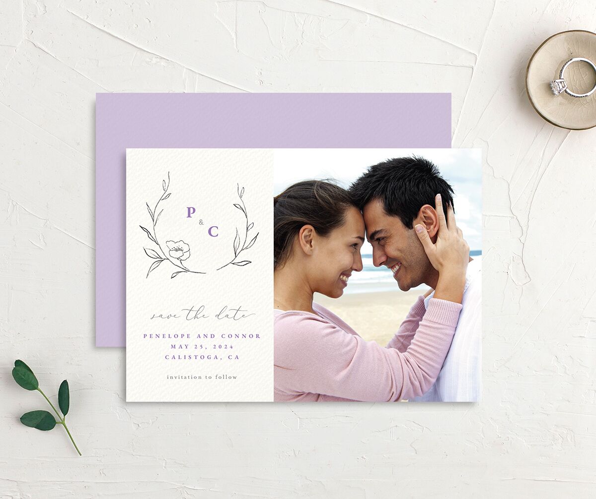 Minimalist Branches Save the Date Cards front-and-back in Lilac