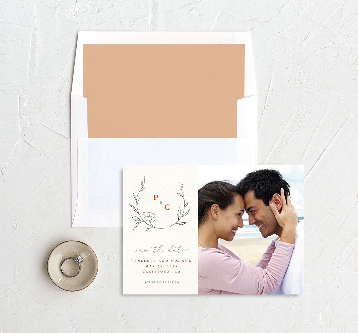 Minimalist Branches Save the Date Cards envelope-and-liner in Pumpkin