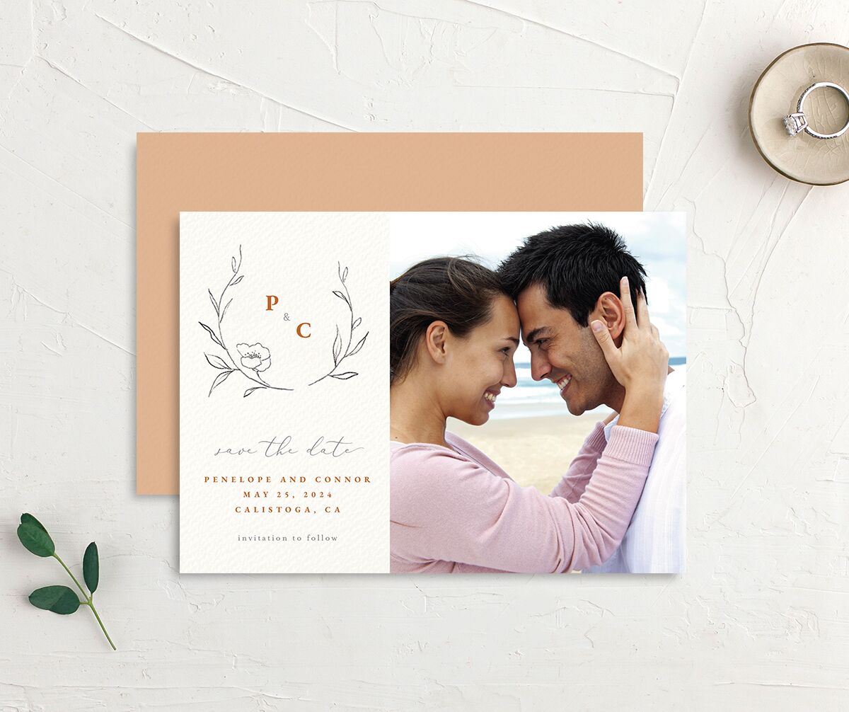 Minimalist Branches Save the Date Cards front-and-back in Pumpkin