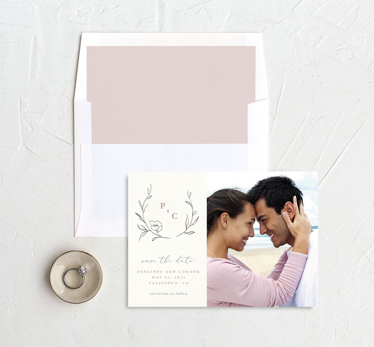 Minimalist Branches Save the Date Cards envelope-and-liner in Rose Pink