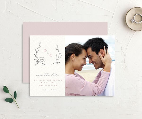 Minimalist Branches Save the Date Cards front-and-back in Rose Pink