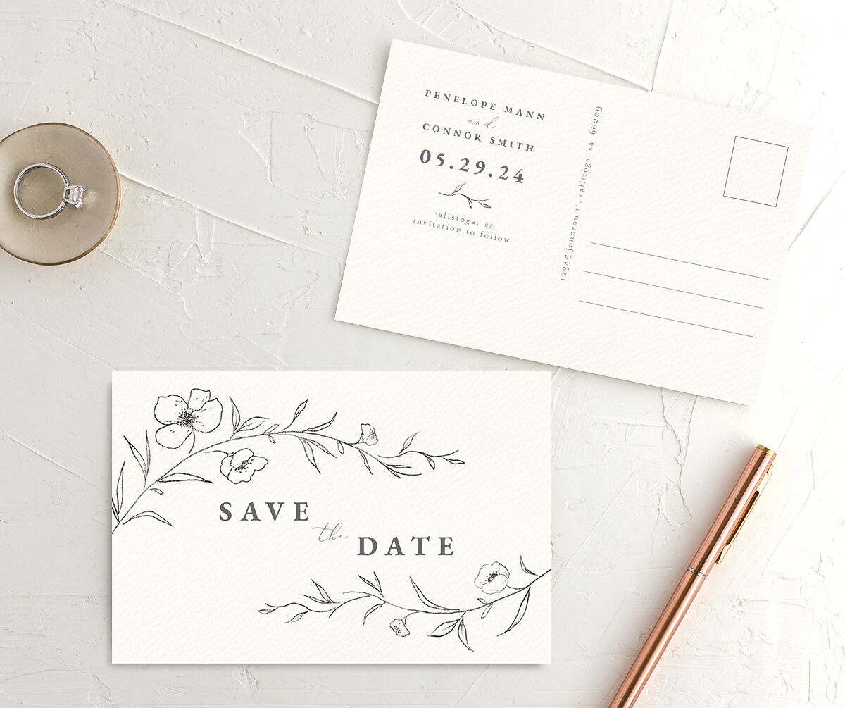 Minimalist Branches Save the Date Postcards front-and-back in Silver