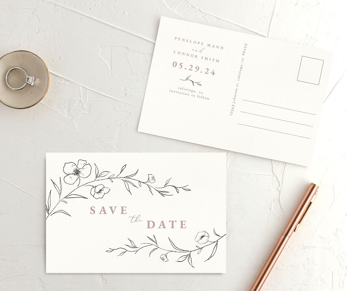 Minimalist Branches Save the Date Postcards front-and-back in Rose Pink