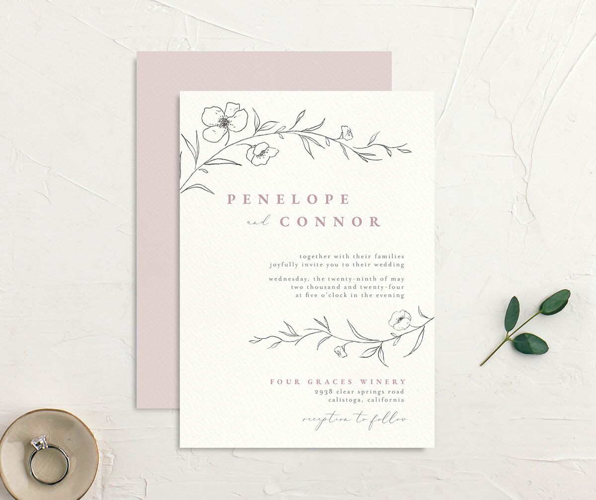 Minimalist Branches Wedding Invitations front-and-back in Rose Pink