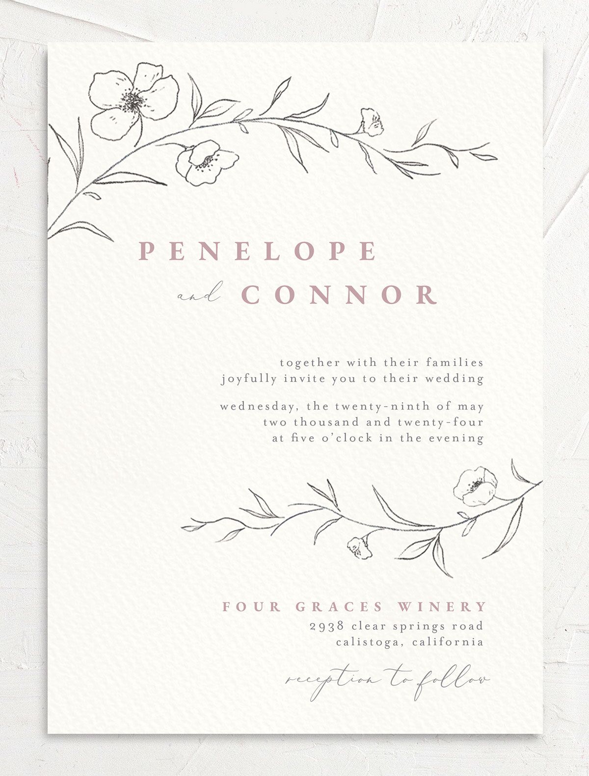 Minimalist Branches Wedding Invitations front in Rose Pink
