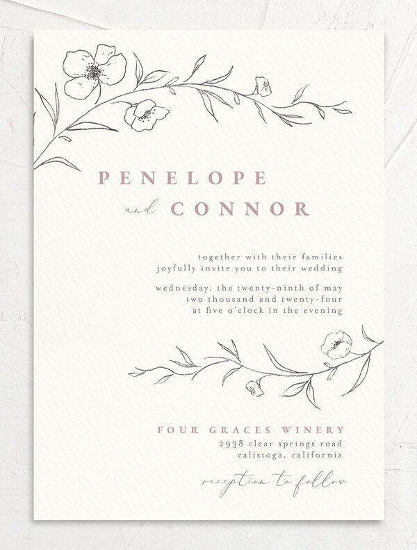 Minimalist Branches Wedding Invitations front in Rose Pink