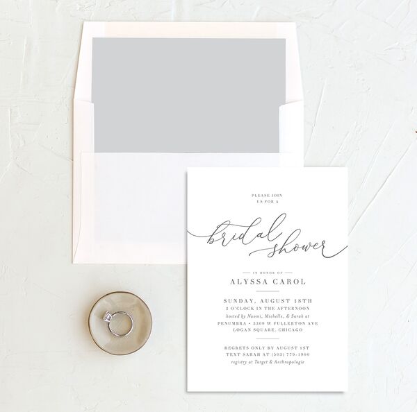 Romantic Calligraphy Bridal Shower Invitations envelope-and-liner in Silver