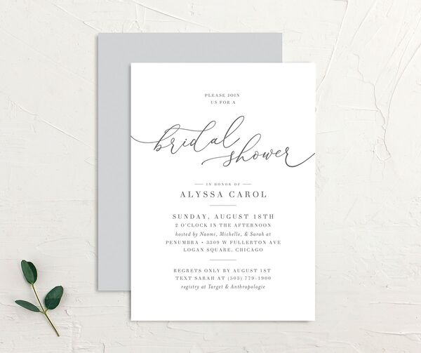 Romantic Calligraphy Bridal Shower Invitations front-and-back in Silver
