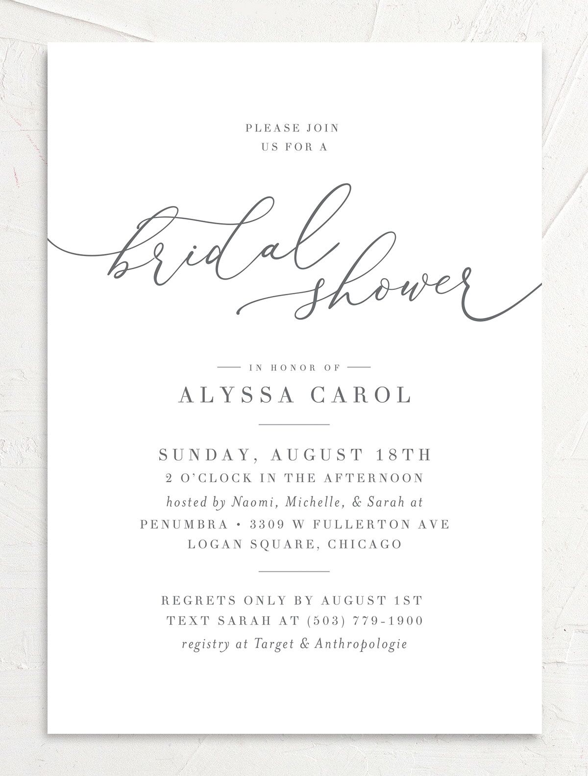 Romantic Calligraphy Bridal Shower Invitations front in Silver