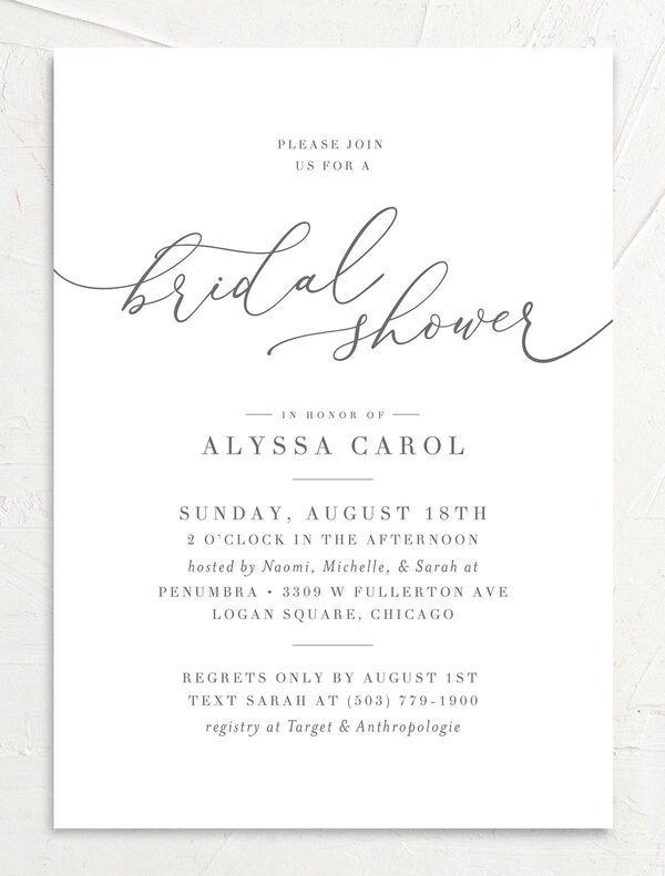 Romantic Calligraphy Bridal Shower Invitations front in Silver