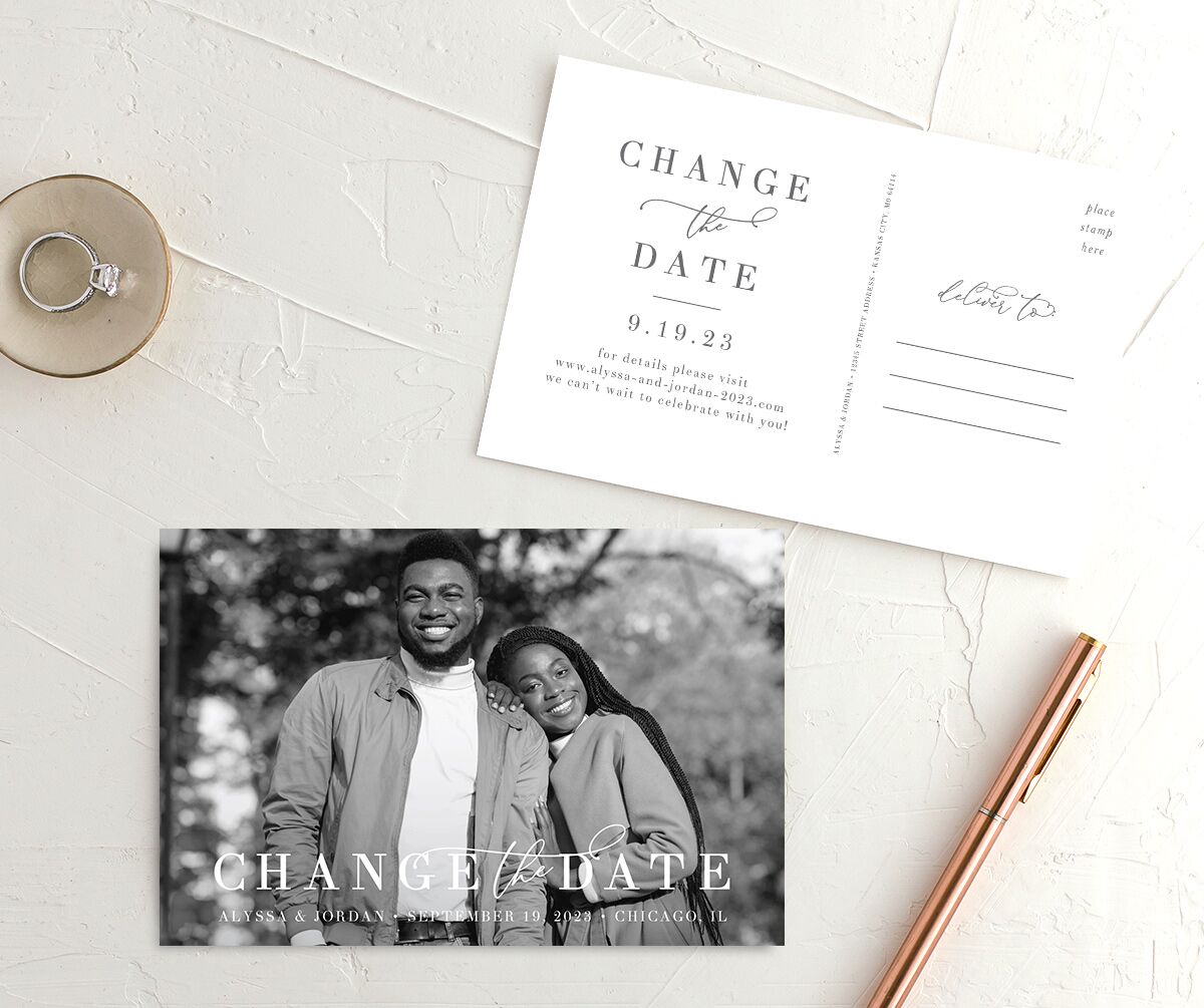 Romantic Calligraphy Change the Date Postcards front-and-back in Silver