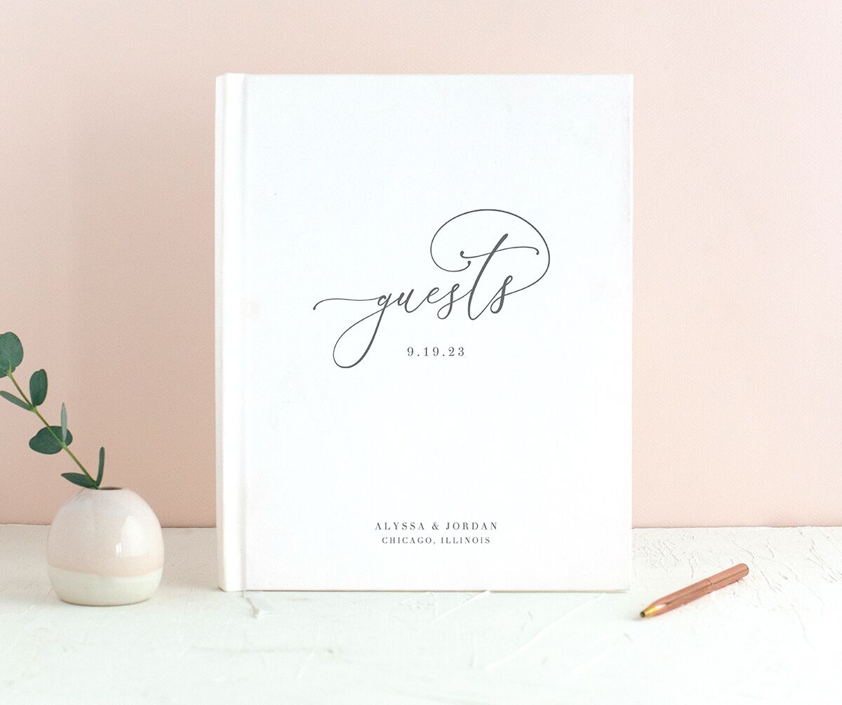 Romantic Calligraphy Wedding Guest Book front in Silver