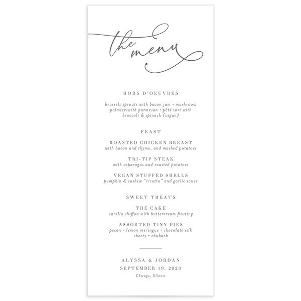 Romantic Calligraphy Menus front in Silver