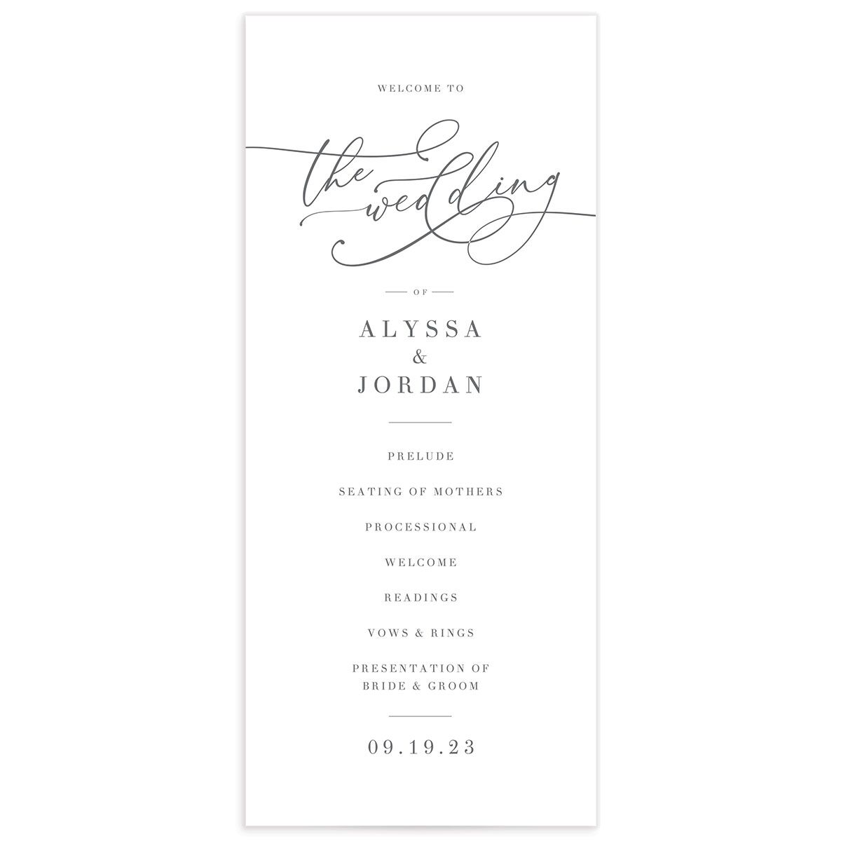 Romantic Calligraphy Wedding Programs front in Silver