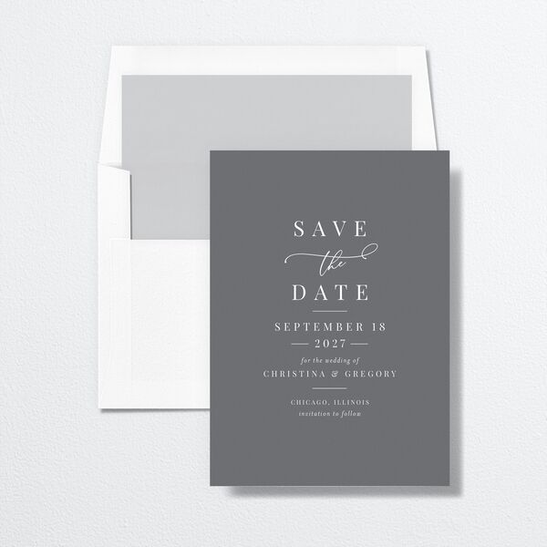Romantic Calligraphy Save The Date Cards envelope-and-liner in Silver