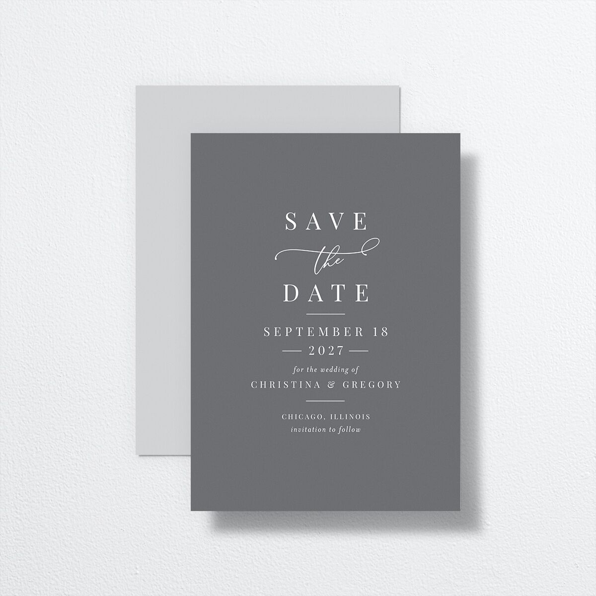 Romantic Calligraphy Save The Date Cards front-and-back in Silver