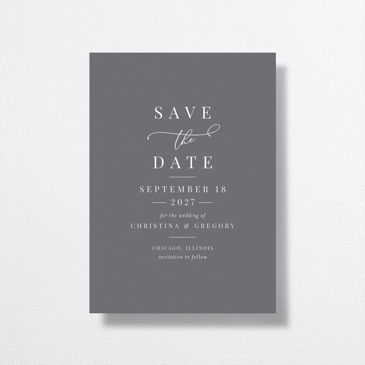 Romantic Calligraphy Save The Date Cards front in Silver