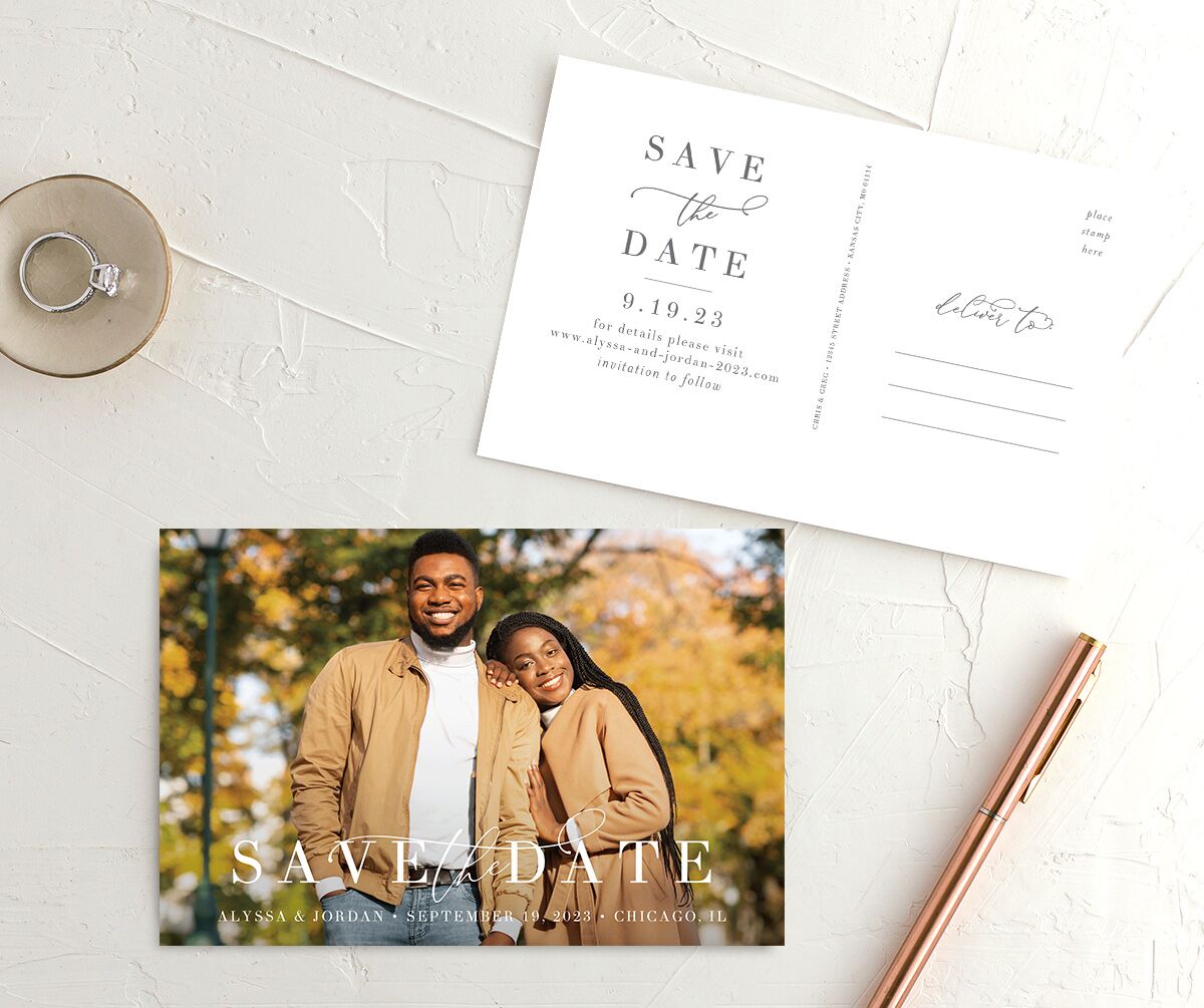 Romantically Scripted Save The Date Postcards front-and-back in Silver