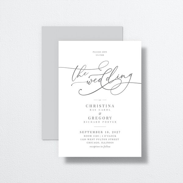 Romantic Calligraphy Wedding Invitations front-and-back in Silver