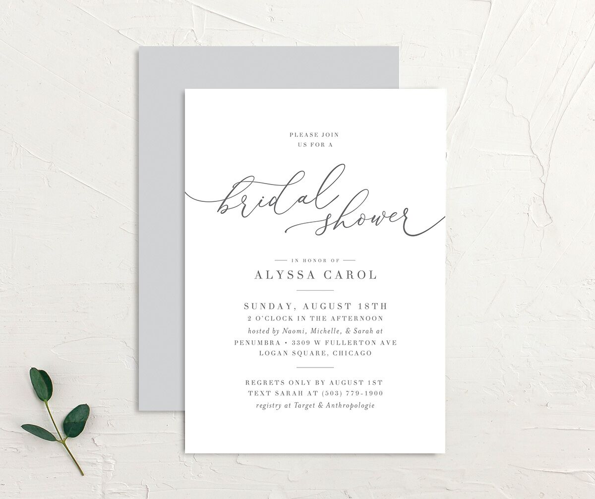 Elegant Calligraphy Bridal Shower Invitations front-and-back in Silver